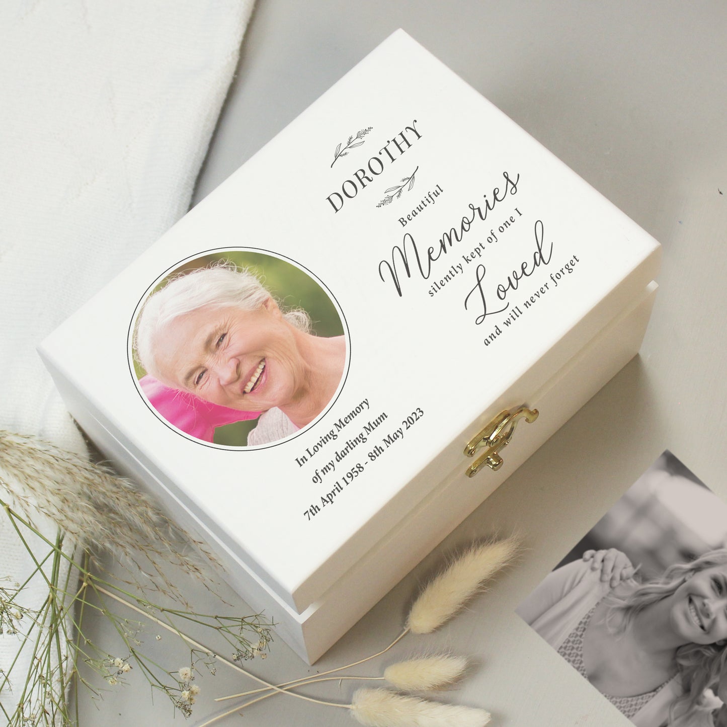 Personalised Memorial Photo Upload White Wooden Box