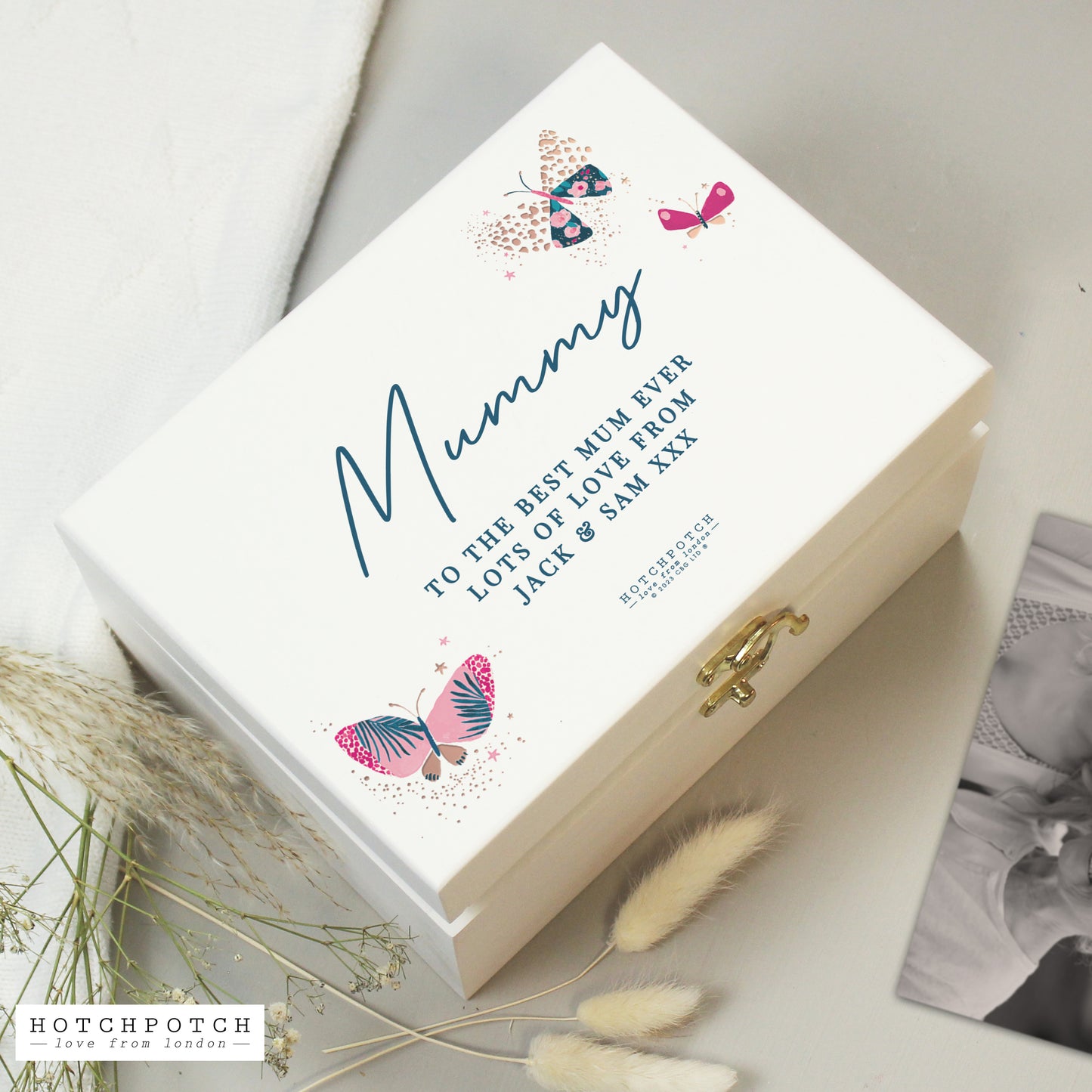 Personalised Hotchpotch Butterfly White Wooden Keepsake Box